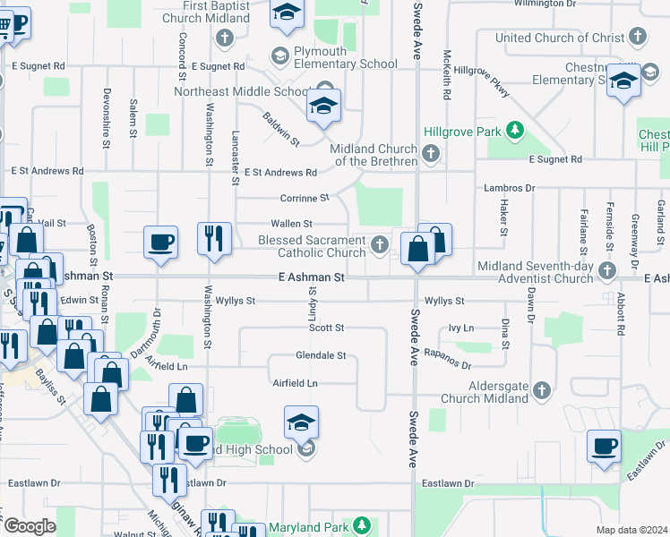 map of restaurants, bars, coffee shops, grocery stores, and more near 1308 Love Street in Midland