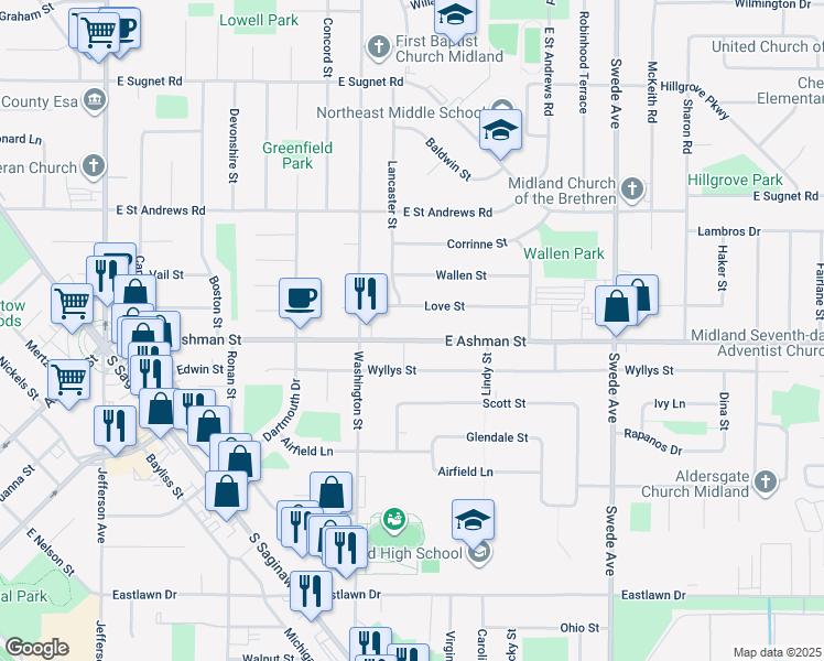 map of restaurants, bars, coffee shops, grocery stores, and more near 1104 Love Street in Midland