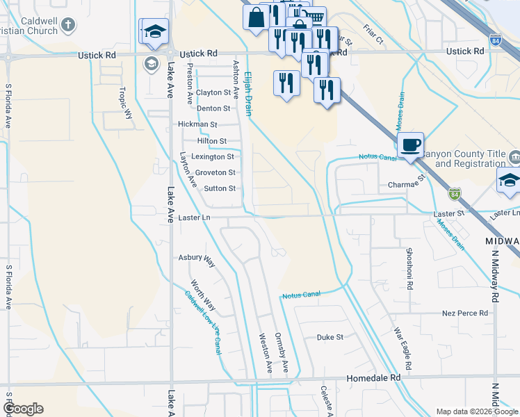 map of restaurants, bars, coffee shops, grocery stores, and more near 4114 Laster Street in Caldwell