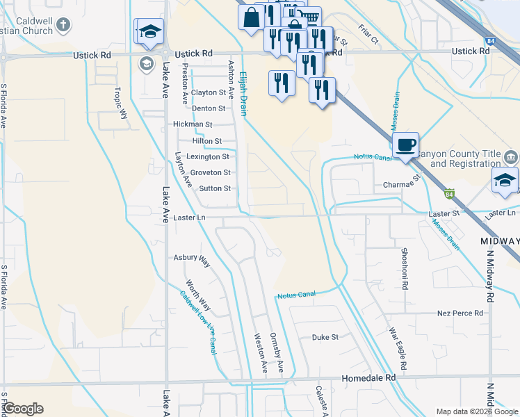 map of restaurants, bars, coffee shops, grocery stores, and more near 4114 Laster Street in Caldwell