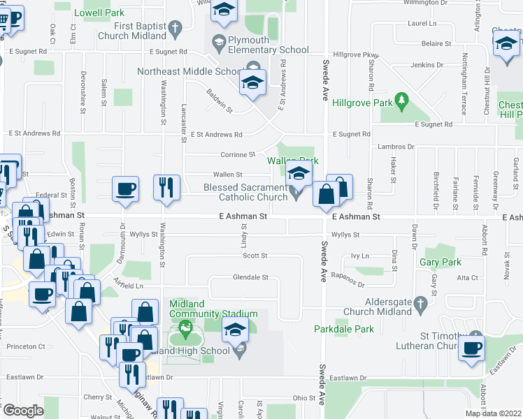map of restaurants, bars, coffee shops, grocery stores, and more near 1317 East Ashman Street in Midland