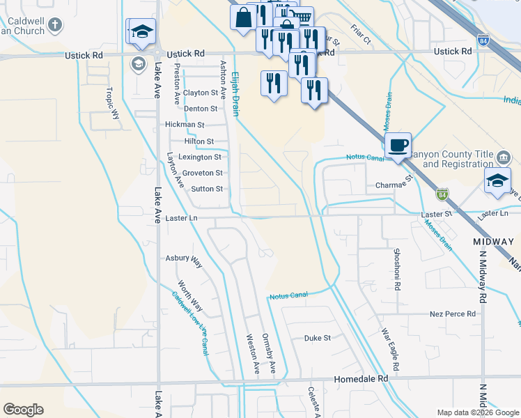 map of restaurants, bars, coffee shops, grocery stores, and more near 4107 Laster Lane in Caldwell