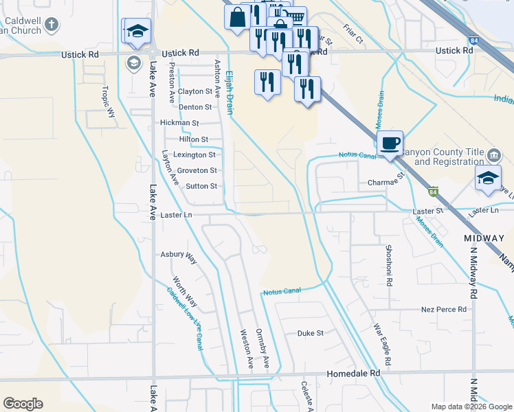 map of restaurants, bars, coffee shops, grocery stores, and more near 4107 Laster Lane in Caldwell