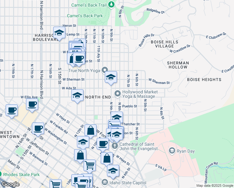 map of restaurants, bars, coffee shops, grocery stores, and more near 1418 North 8th Street in Boise