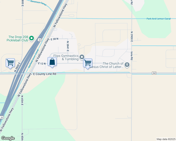 map of restaurants, bars, coffee shops, grocery stores, and more near 2 Landmark Lane in Rigby