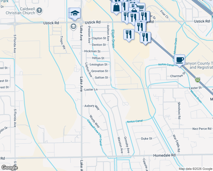 map of restaurants, bars, coffee shops, grocery stores, and more near 6901 Winston Street in Caldwell