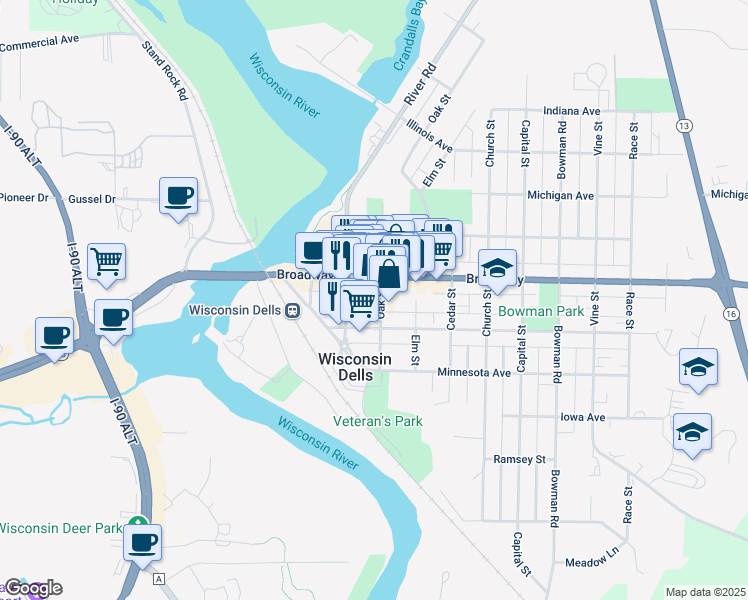 map of restaurants, bars, coffee shops, grocery stores, and more near 304 State Highway 13 in Wisconsin Dells