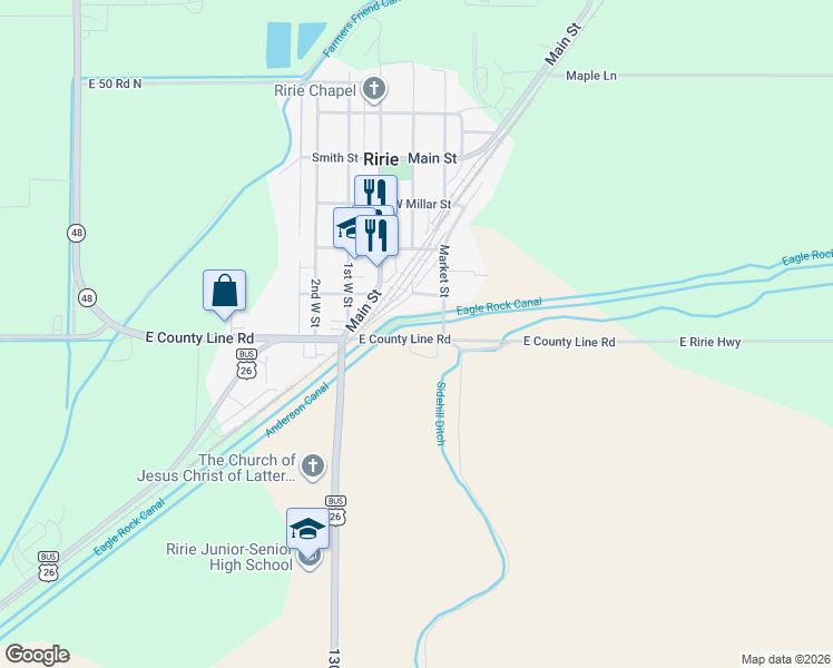 map of restaurants, bars, coffee shops, grocery stores, and more near 220 West Osbourn Street in Ririe
