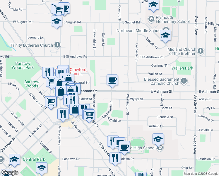 map of restaurants, bars, coffee shops, grocery stores, and more near 118 West Campbell Court in Midland