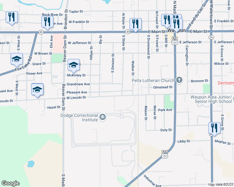 map of restaurants, bars, coffee shops, grocery stores, and more near 200 Pleasant Avenue in Waupun
