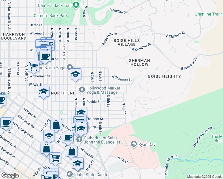 map of restaurants, bars, coffee shops, grocery stores, and more near 417 West Ada Street in Boise