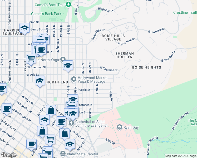 map of restaurants, bars, coffee shops, grocery stores, and more near 504 West Ada Street in Boise