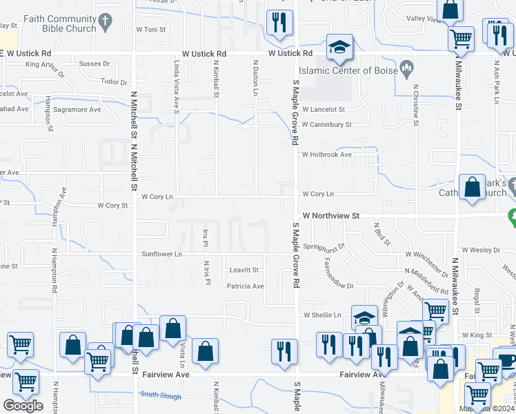 map of restaurants, bars, coffee shops, grocery stores, and more near 9170 West Cory Lane in Boise
