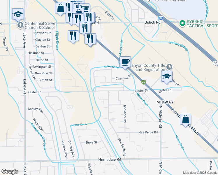 map of restaurants, bars, coffee shops, grocery stores, and more near 4718 Kadie Street in Caldwell
