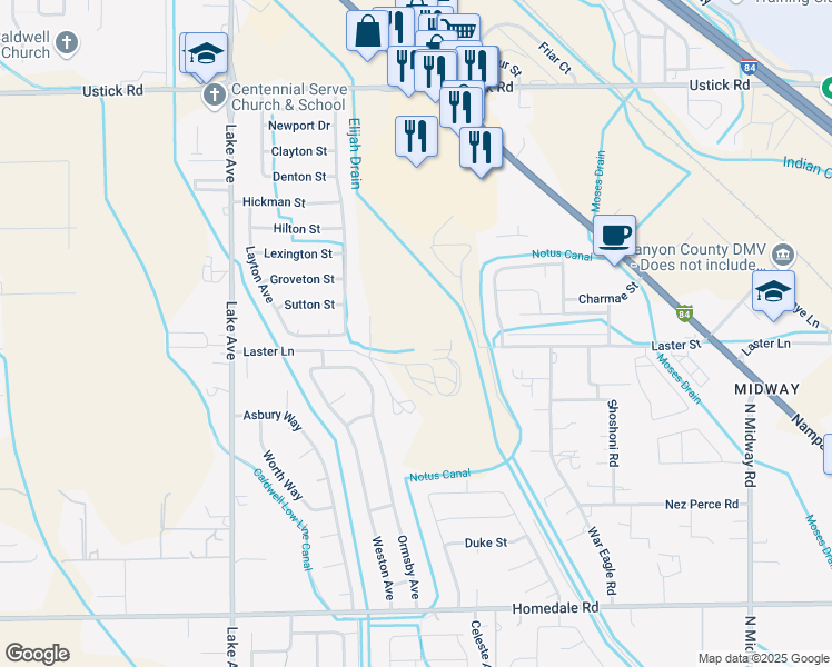 map of restaurants, bars, coffee shops, grocery stores, and more near 4107 Laster Street in Caldwell
