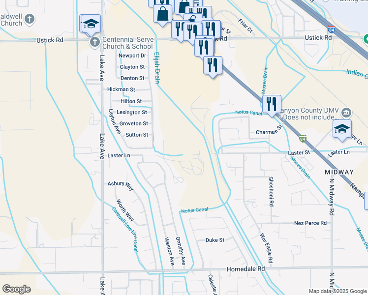 map of restaurants, bars, coffee shops, grocery stores, and more near 4107 Laster Street in Caldwell