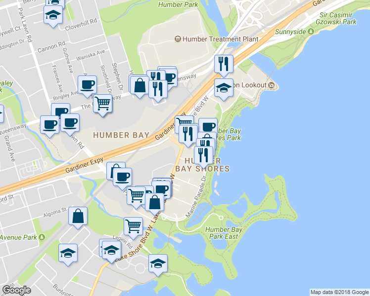 map of restaurants, bars, coffee shops, grocery stores, and more near 2125 Lake Shore Boulevard West in Toronto