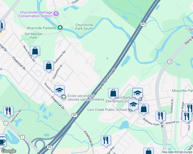 map of restaurants, bars, coffee shops, grocery stores, and more near 7534 Creditview Road in Brampton