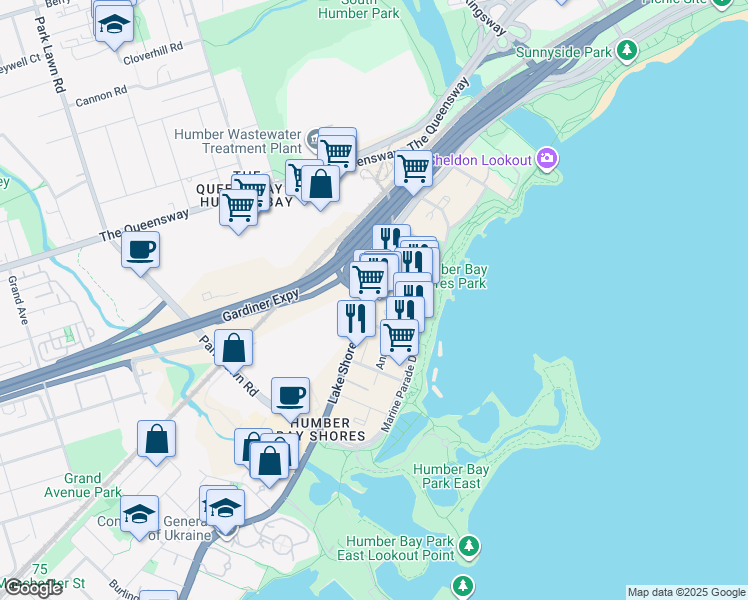 map of restaurants, bars, coffee shops, grocery stores, and more near 2125 Lake Shore Boulevard West in Toronto