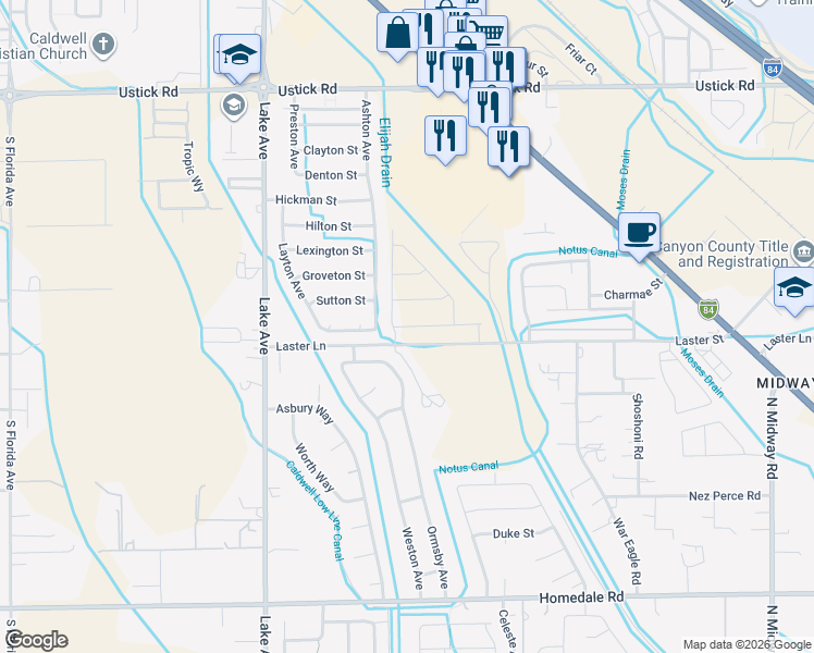 map of restaurants, bars, coffee shops, grocery stores, and more near 4114 Laster Street in Caldwell