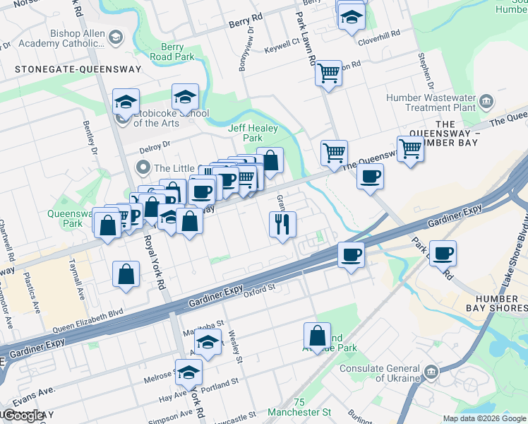 map of restaurants, bars, coffee shops, grocery stores, and more near 27 Inverleigh Drive in Toronto