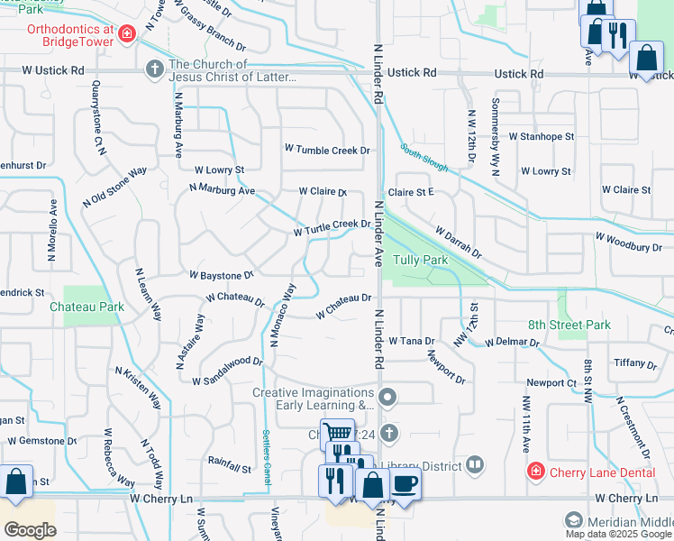 map of restaurants, bars, coffee shops, grocery stores, and more near 2503 North Tully Cove Place in Meridian
