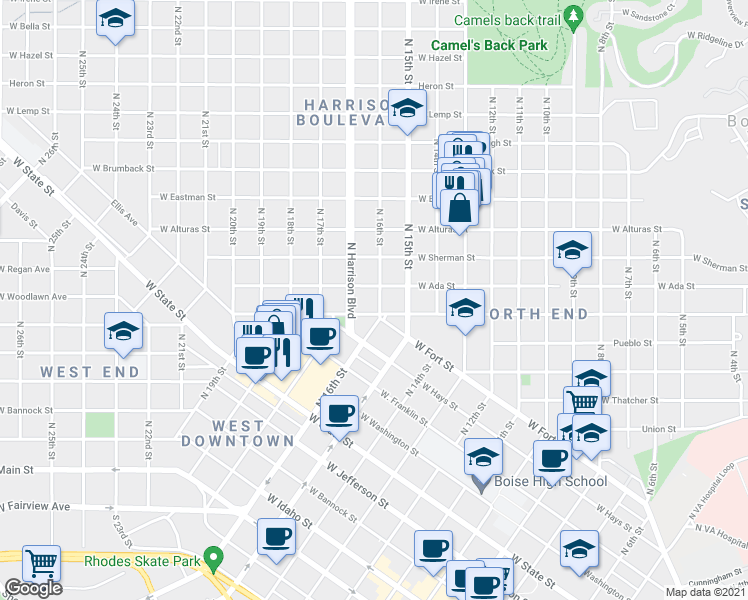 map of restaurants, bars, coffee shops, grocery stores, and more near 909 North 16th Street in Boise