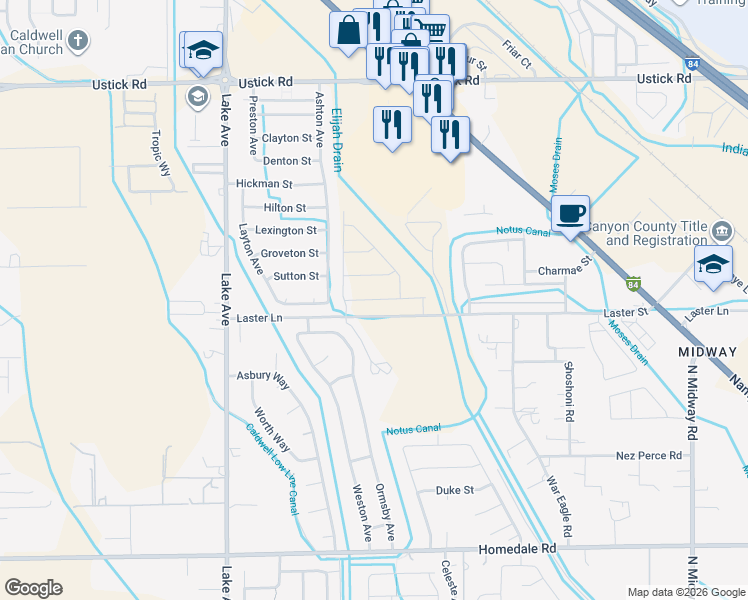 map of restaurants, bars, coffee shops, grocery stores, and more near 4107 Laster Lane in Caldwell