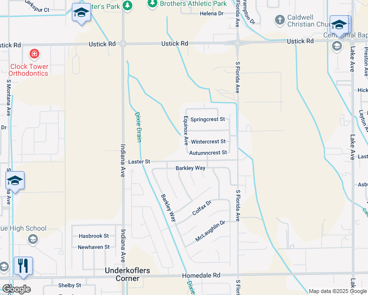 map of restaurants, bars, coffee shops, grocery stores, and more near 4804 Equinox Avenue in Caldwell