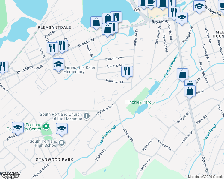 map of restaurants, bars, coffee shops, grocery stores, and more near 70 Hamilton Street in South Portland