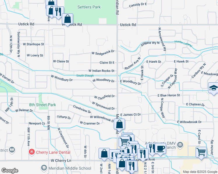 map of restaurants, bars, coffee shops, grocery stores, and more near 153 West Woodbury Drive in Meridian