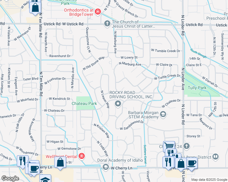map of restaurants, bars, coffee shops, grocery stores, and more near 2496 North Waterstone Way in Meridian
