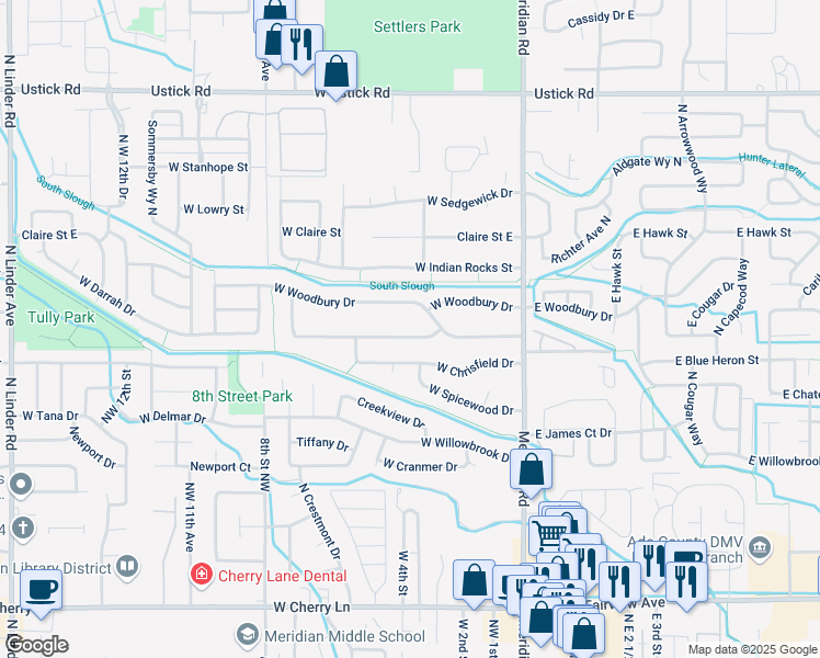 map of restaurants, bars, coffee shops, grocery stores, and more near 387 West Woodbury Drive in Meridian