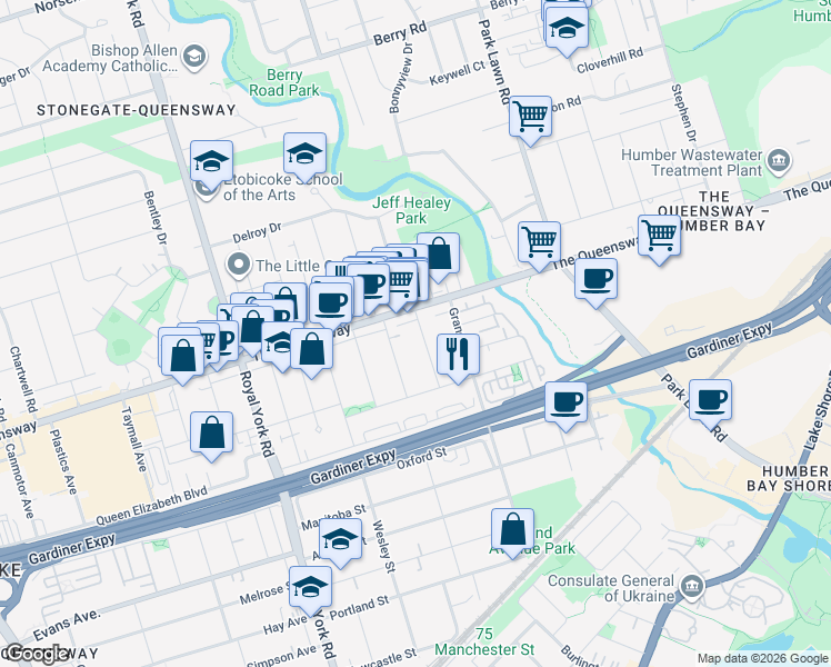 map of restaurants, bars, coffee shops, grocery stores, and more near 28 Inverleigh Drive in Toronto