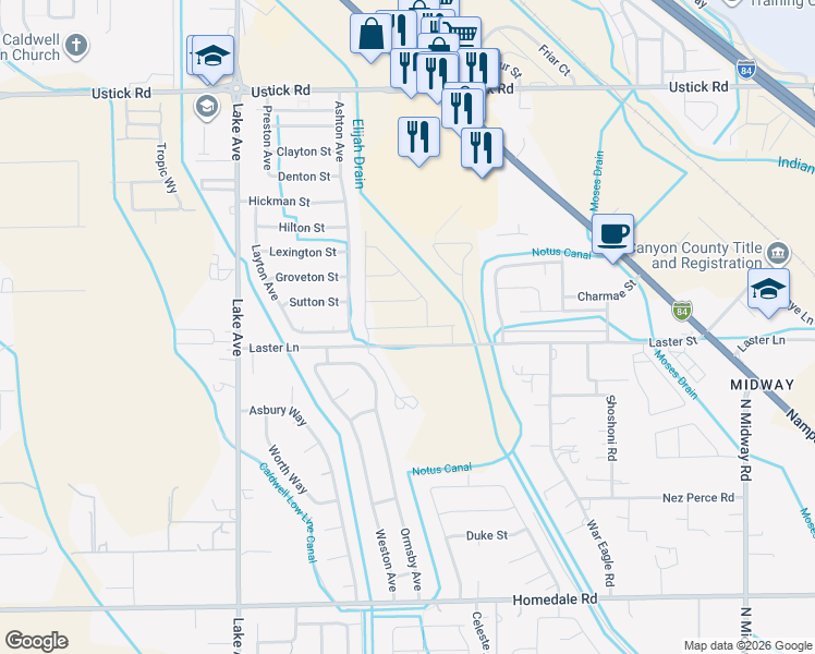 map of restaurants, bars, coffee shops, grocery stores, and more near 4107 Laster Lane in Caldwell