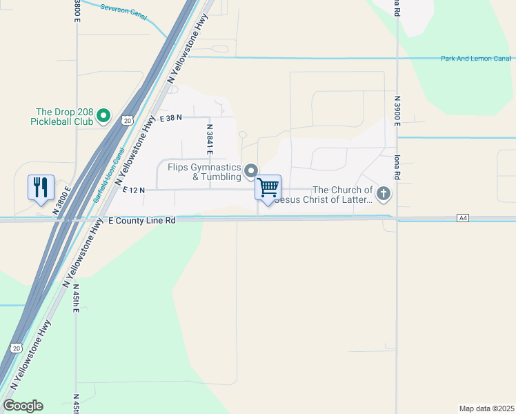 map of restaurants, bars, coffee shops, grocery stores, and more near 2 Landmark Lane in Rigby