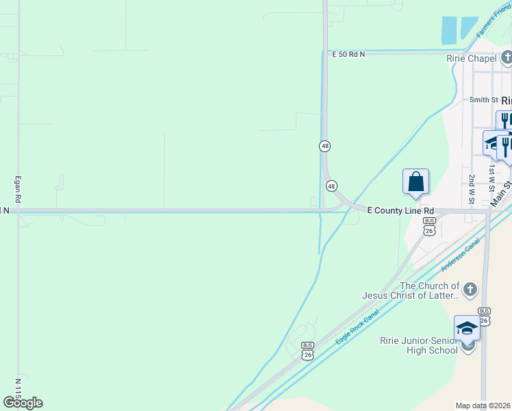 map of restaurants, bars, coffee shops, grocery stores, and more near 4587 East County Line Road in Rigby