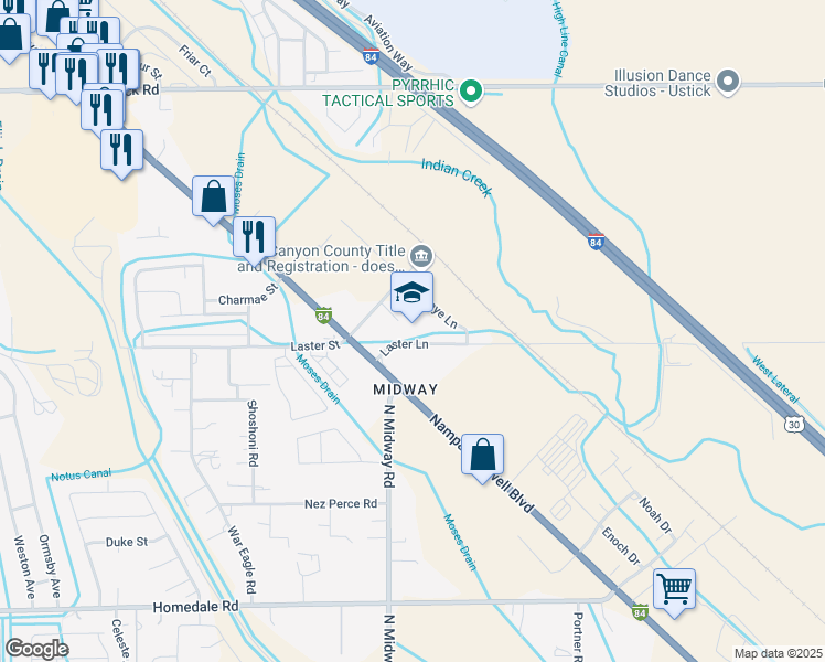 map of restaurants, bars, coffee shops, grocery stores, and more near 6123 Timbre Drive in Caldwell