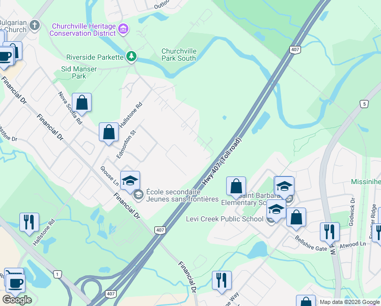 map of restaurants, bars, coffee shops, grocery stores, and more near 21 Tristan Court in Brampton