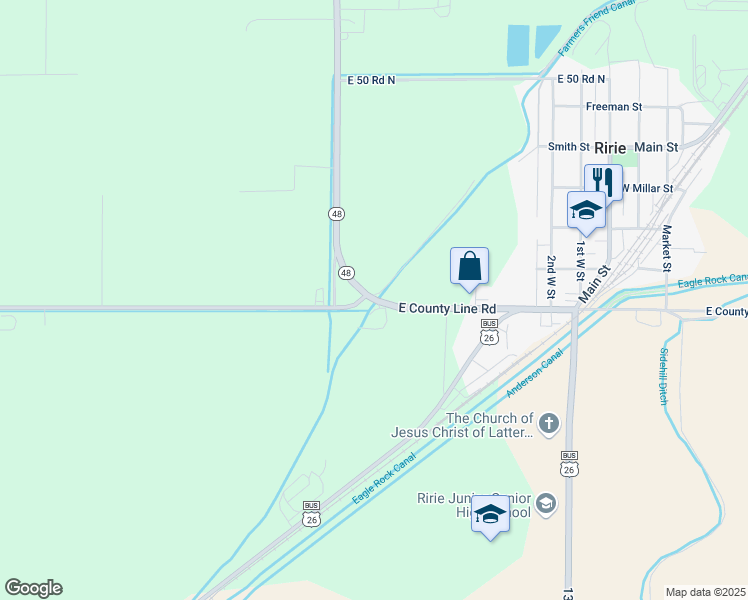 map of restaurants, bars, coffee shops, grocery stores, and more near 2770 East County Line Road in Rigby