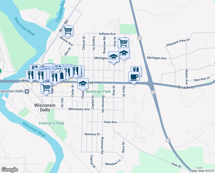 map of restaurants, bars, coffee shops, grocery stores, and more near 802 Broadway in Wisconsin Dells