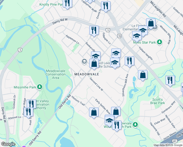 map of restaurants, bars, coffee shops, grocery stores, and more near 930 Old Derry Road in Mississauga
