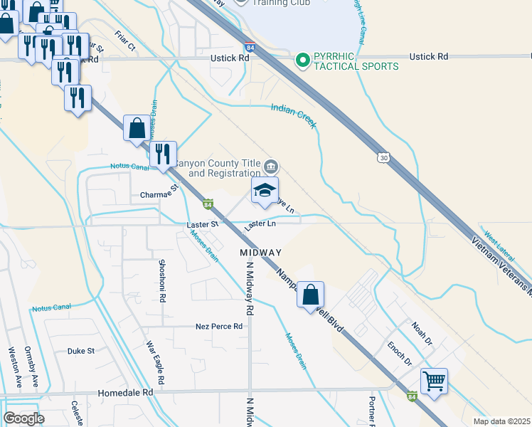 map of restaurants, bars, coffee shops, grocery stores, and more near 6123 Timbre Drive in Caldwell