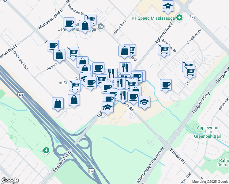 map of restaurants, bars, coffee shops, grocery stores, and more near 555 Tomken Road in Mississauga