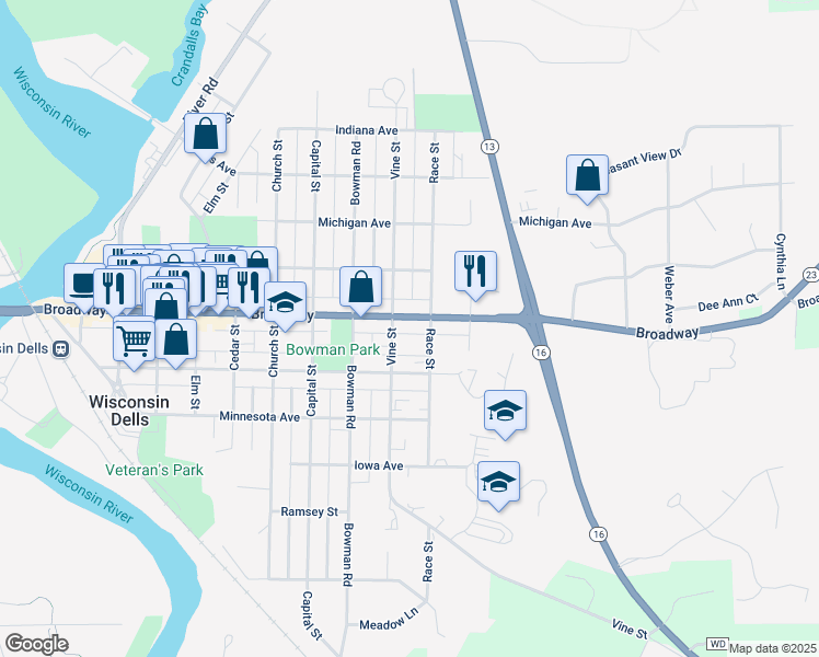 map of restaurants, bars, coffee shops, grocery stores, and more near 901 Broadway in Wisconsin Dells