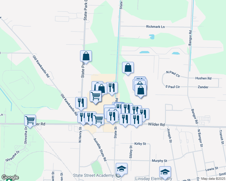 map of restaurants, bars, coffee shops, grocery stores, and more near 3870 State Street Road in Bay City