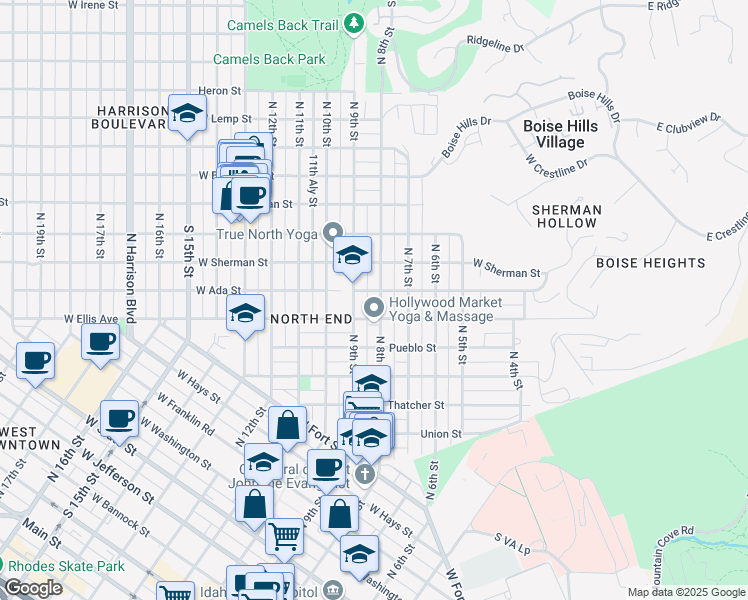 map of restaurants, bars, coffee shops, grocery stores, and more near 1415 North 8th Street in Boise