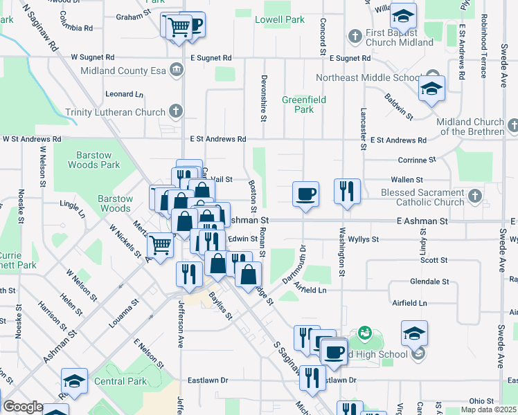 map of restaurants, bars, coffee shops, grocery stores, and more near 3114 Boston Street in Midland