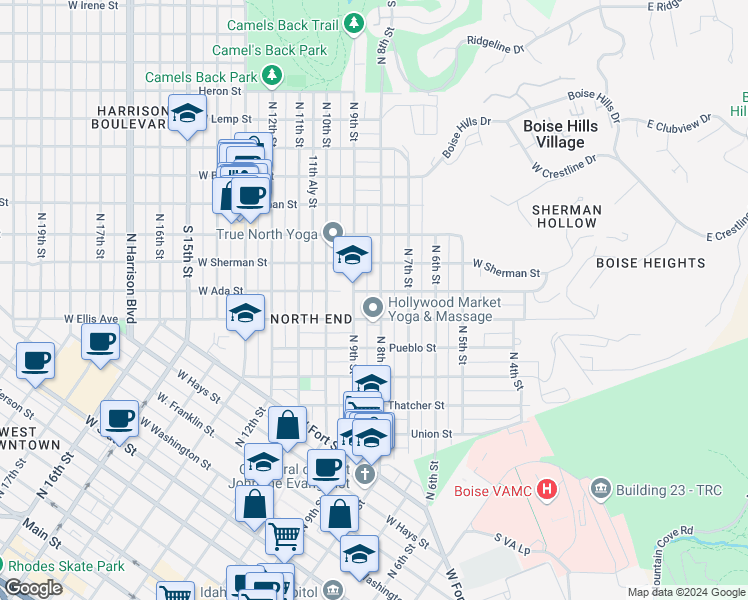 map of restaurants, bars, coffee shops, grocery stores, and more near 1415 North 8th Street in Boise