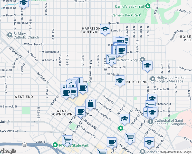 map of restaurants, bars, coffee shops, grocery stores, and more near 912 North Harrison Boulevard in Boise